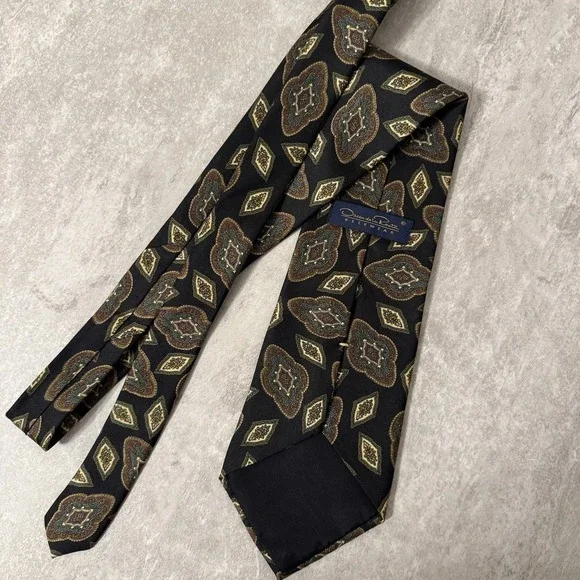 Vintage Oscar de la Renta Couture Silk Tie Black Gold  Brown Medallion EUC - Picture 4 of 4